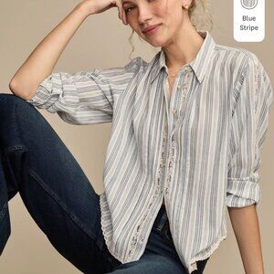 Lucky Brand Blue Striped Lace Trimmed Button Down Shirt Sz L